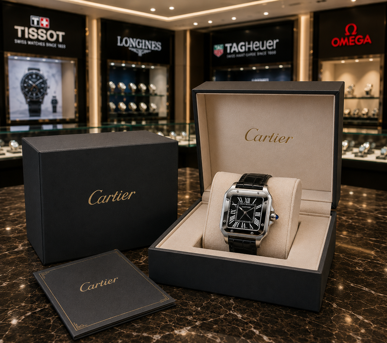 ساعت مردانه کارتیر سانتوس صفحه سفید و مشکی بند چرمی مشکی Cartier Santos موتور ژاپن اصلی