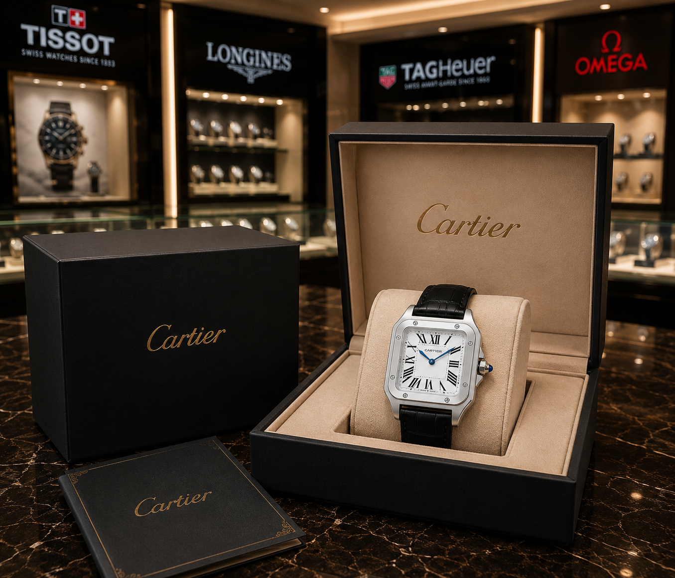 ساعت مردانه کارتیر دومونت صفحه سفید و مشکی و سیلور بند چرمی مشکی Cartier Dumont موتور ژاپن اصلی