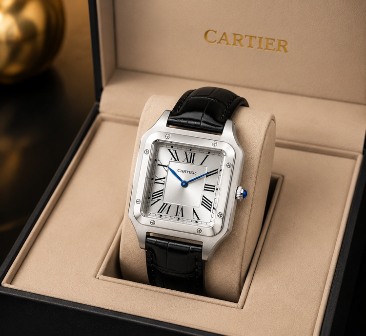 ساعت مردانه کارتیر دومونت صفحه سفید و مشکی و سیلور بند چرمی مشکی Cartier Dumont موتور ژاپن اصلی